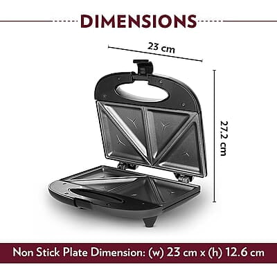 Borosil Klassy 800 Watt Sandwich Maker, 2 Slice Sandwich Maker, Non-stick Nontoxic plates opens 90°, BPA & PTFE Free