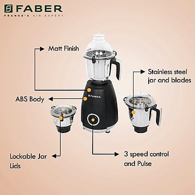 Faber Crown 800W Blender Mixer Grinder, 3 SS clip lock jars and blades low-noise copper motor, up to 20000 rpm speed Faber Crown 800W Blender Mixer Grinder, 3 SS clip lock jars and blades low-noise copper motor, up to 20000 rpm speed