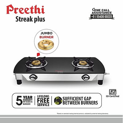 Preethi Bluflame Streak Plus Glass Top 2 Burner Gas Stove, with Jumbo Burner, Manual Ignition Preethi Bluflame Streak Plus Glass Top 2 Burner Gas Stove, with Jumbo Burner, Manual Ignition