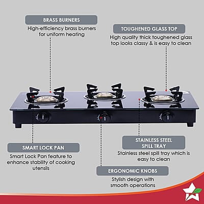 Wonderchef Platinum Plus 3 Burner Auto Glass Cooktop 6mm Toughened Glass LPG Compatible Wonderchef Platinum Plus 3 Burner Auto Glass Cooktop 6mm Toughened Glass LPG Compatible