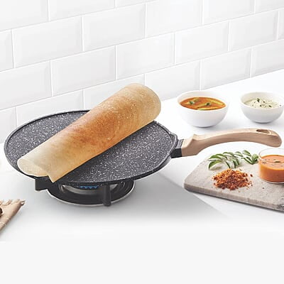Borosil Vajra Die-Cast Non-Stick Aluminium Flat Tawa, for Rotis & Parathas, Black with Wood-Finish Handles, 300 mm Wide, 5 mm Thick