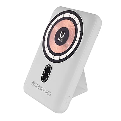 ZEBRONICS MW62 Wireless Power Bank, 10000 mAh, Rapid Charge, Built-in Wireless Charging Pad, Outputs - 22W Wired | 15W Wireless, Type C I/O | USB Output, Built-in Foldable Stand