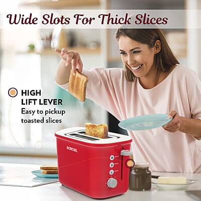 Borosil Krispy Pop-up Toaster, 2-Slice Toaster, 7 Browning Settings, Removable Crumb Tray, 800 W, Red Borosil Krispy Pop-up Toaster, 2-Slice Toaster, 7 Browning Settings, Removable Crumb Tray, 800 W, Red
