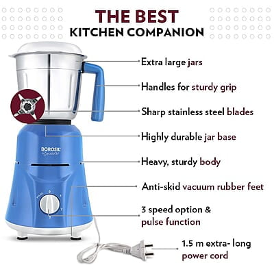 Borosil Star Mixer Grinder, For Wet/Dry Mixing & Grinding, 500 Watts, 3 Jars (400 ml Chutney Jar, 1.2 L Multipurpose Jar, 0.8 L Dry/Wet Grinding Jar), Mixie For Kitchen, Blue Borosil Star Mixer Grinder, For Wet/Dry Mixing & Grinding, 500 Watts, 3 Jars (400 ml Chutney Jar, 1.2 L Multipurpose Jar, 0.8 L Dry/Wet Grinding Jar), Mixie For Kitchen, Blue