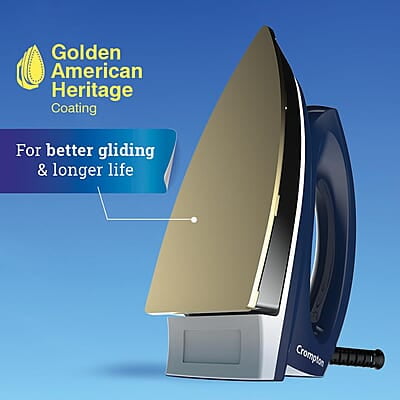 Crompton Greaves Rhino Plus 1250 Watt Blue Heavy weight Dry Iron with Golden American Heritage Coating Crompton Greaves Rhino Plus 1250 Watt Blue Heavy weight Dry Iron with Golden American Heritage Coating