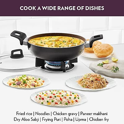 Borosil Granito Non-Stick Kadhai with Glass Lid, Induction Friendly, Granite Finish, PFOA-Free, 26 cm Diameter