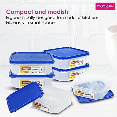 Varmora Magnum Square Smart Kitchen Storage Plastic Container – Blue Lid (1.3 Litres)(Pack of 8)