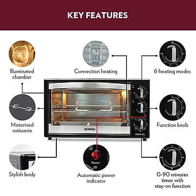 Borosil Prima 42 L Oven Toaster & Grill, Motorised Rotisserie & Convection Heating, 6 Heating Modes, Silver Top & Chrome Front Borosil Prima 42 L Oven Toaster & Grill, Motorised Rotisserie & Convection Heating, 6 Heating Modes, Silver Top & Chrome Front