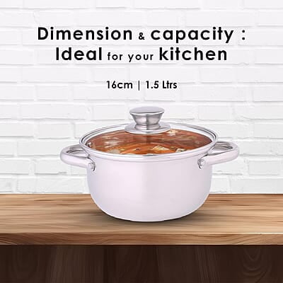Wonderchef Nigella Stainless Steel Casserole with Lid Curved Body Glass Lid with Steam Vent 16cm Wonderchef Nigella Stainless Steel Casserole with Lid Curved Body Glass Lid with Steam Vent 16cm