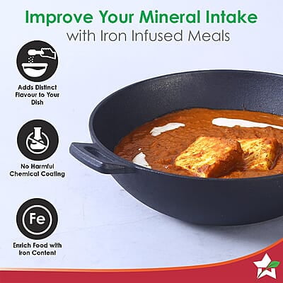 Wonderchef Forza Pre-Seasoned Cast-Iron Kadhai 3.35L, 3.8mm