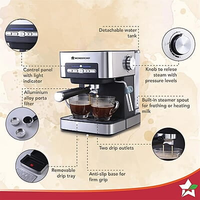 Wonderchef Regalia Espresso Coffee Maker 20 Bar Espresso, Cappuccino, Latté, Macchiato or Ristretto at Home Wonderchef Regalia Espresso Coffee Maker 20 Bar Espresso, Cappuccino, Latté, Macchiato or Ristretto at Home