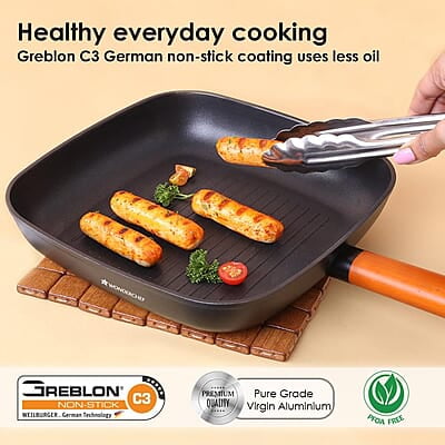 Wonderchef Caesar Forged Virgin Aluminium Grill Pan, 24cm, Black, Greblon C3 Non-stick Coating