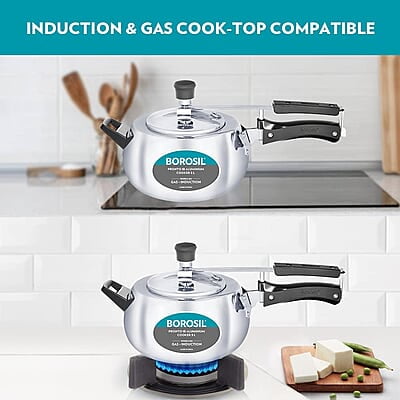 Borosil Pronto Induction Base Inner Lid Aluminium Pressure Cooker, 3.6 mm Thick Base, 6.5 L, Silver Borosil Pronto Induction Base Inner Lid Aluminium Pressure Cooker, 3.6 mm Thick Base, 6.5 L, Silver