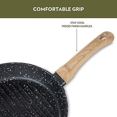 Borosil Vajra Die-Cast Non-Stick Aluminium Round Grill Fry Pan, Frying Pan with Ridges, Black with Wood-Finish Handles, 240 mm Wide, 5 mm Thick Borosil Vajra Die-Cast Non-Stick Aluminium Round Grill Fry Pan, Frying Pan with Ridges, Black with Wood-Finish Handles, 240 mm Wide, 5 mm Thick