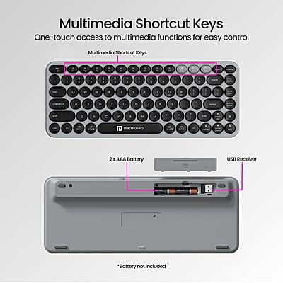 Portronics Bubble 2.0 Wireless Keyboard with Bluetooth + 2.4 GHz Receiver, Connect 3 Devices, Compact TKL Size, 10m Working Range