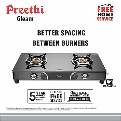 Preethi Blu Flame Gleam Glass Top 2-Burner Manual Gas Stove (Black) (ISI Certified) Preethi Blu Flame Gleam Glass Top 2-Burner Manual Gas Stove (Black) (ISI Certified)