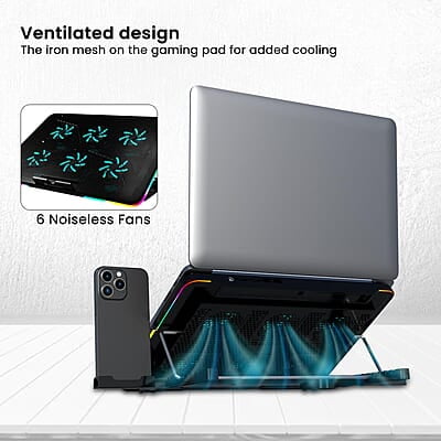 Portronics My Buddy Air Cooling Pad Laptop Stand with 6 Cooling Fans, RGB Lights, 7 Adjustable Heights, Mobile Stand