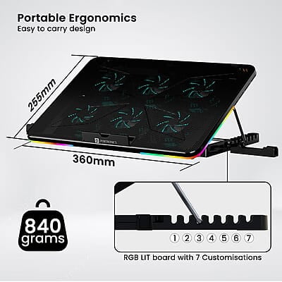 Portronics My Buddy Air Cooling Pad Laptop Stand with 6 Cooling Fans, RGB Lights, 7 Adjustable Heights, Mobile Stand