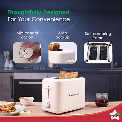 Wonderchef Bellagio 2-Slice Pop-up Toaster with Lid Cover 800 Watt 7- Level Browning Controls Wonderchef Bellagio 2-Slice Pop-up Toaster with Lid Cover 800 Watt 7- Level Browning Controls
