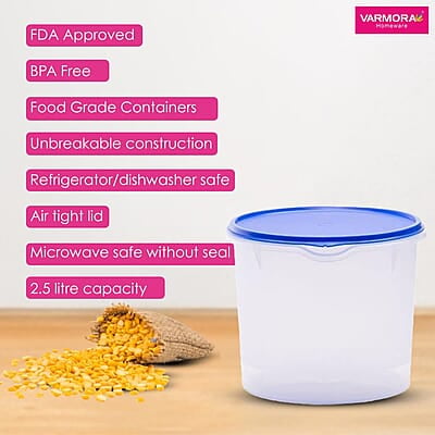 Varmora Magnum Round Smart Kitchen Storage Plastic Container – Blue Lid (2.5 Litres) (Pack of 3) Varmora Magnum Round Smart Kitchen Storage Plastic Container – Blue Lid (2.5 Litres) (Pack of 3)