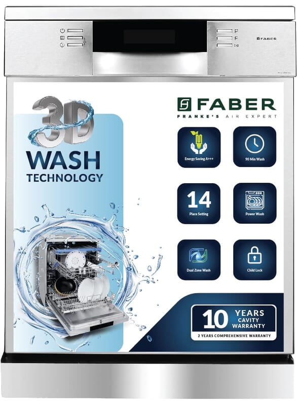 Faber 14 Place Settings Dishwasher ( FFSD 8PR 14S, Silver, Power 3D Wash for Tough Stains, Silent operation Faber 14 Place Settings Dishwasher ( FFSD 8PR 14S, Silver, Power 3D Wash for Tough Stains, Silent operation