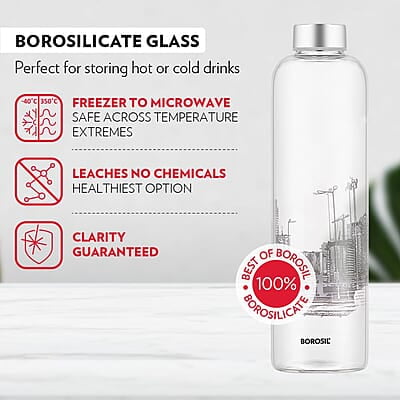 Borosil Artisan Series Roma 1000 ml Narrow Mouth Glass Bottle with Metal Lid | 100% Borosilicate, Fridge Safe, Leakproof, Easy to Carry | Store Water, Lassi, Juice, Smoothies | Dishwasher Safe Borosil Artisan Series Roma 1000 ml Narrow Mouth Glass Bottle with Metal Lid | 100% Borosilicate, Fridge Safe, Leakproof, Easy to Carry | Store Water, Lassi, Juice, Smoothies | Dishwasher Safe