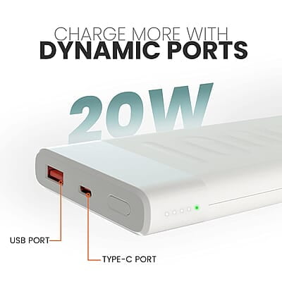 Ambrane 10000mAh Slim Power Bank, 20W Fast Charging, Dual Output, Type C PD (Input & Output), Quick Charge Ambrane 10000mAh Slim Power Bank, 20W Fast Charging, Dual Output, Type C PD (Input & Output), Quick Charge