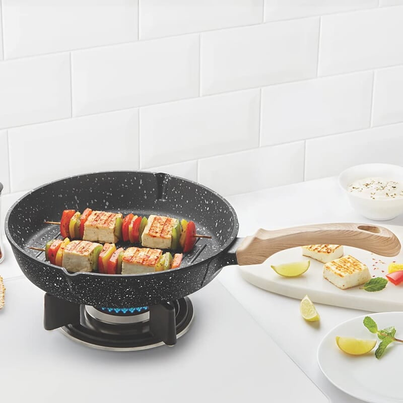 Borosil Vajra Die-Cast Non-Stick Aluminium Round Grill Fry Pan, Frying Pan with Ridges, Black with Wood-Finish Handles, 240 mm Wide, 5 mm Thick Borosil Vajra Die-Cast Non-Stick Aluminium Round Grill Fry Pan, Frying Pan with Ridges, Black with Wood-Finish Handles, 240 mm Wide, 5 mm Thick