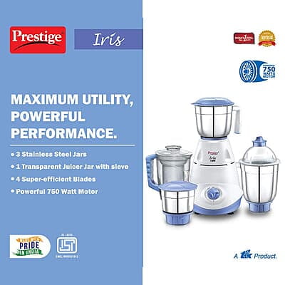 Prestige Iris 750 Watt Mixer Grinder with 3 Stainless Steel Jar + 1 Juicer Jar Prestige Iris 750 Watt Mixer Grinder with 3 Stainless Steel Jar + 1 Juicer Jar
