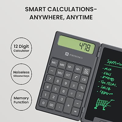 Portronics Ruffpad Calc 2-in-1 Calculator & LCD Writing Pad with 6.5 Inches Tablet, 12 Digits, Foldable Design, Stylus Pen for Students Portronics Ruffpad Calc 2-in-1 Calculator & LCD Writing Pad with 6.5 Inches Tablet, 12 Digits, Foldable Design, Stylus Pen for Students