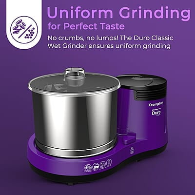Crompton's Duro Classic Wet Grinder with 150W Motor for Uniform Grinding, High Grade 2L Stainless Steel Drums, Strong ABS Body Crompton's Duro Classic Wet Grinder with 150W Motor for Uniform Grinding, High Grade 2L Stainless Steel Drums, Strong ABS Body