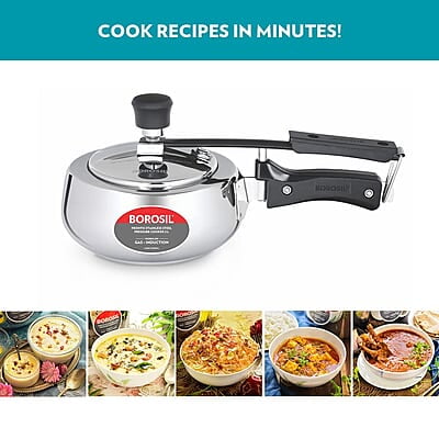 Borosil Pronto Induction Base Inner Lid Stainless Steel Pressure Cooker, 6.8 mm Thick Base, 2 L Borosil Pronto Induction Base Inner Lid Stainless Steel Pressure Cooker, 6.8 mm Thick Base, 2 L
