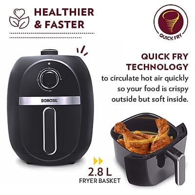 Borosil Best Air Fryer, Air Fryer for Home, Timer Selection, Adjustable Temp Control, 2.8 L Capacity Borosil Best Air Fryer, Air Fryer for Home, Timer Selection, Adjustable Temp Control, 2.8 L Capacity