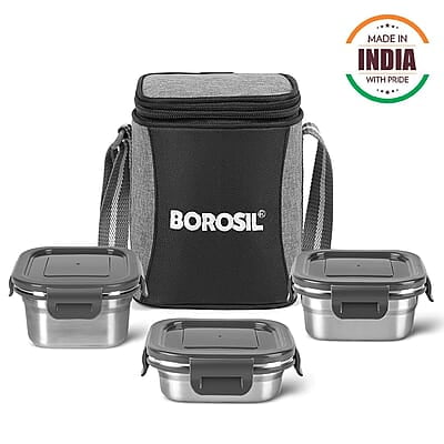 Borosil Feast Stainless Steel Lunch Box with Bag | Set of 3 (520 ml x 1 + 400 ml x 1 + 250 ml x 1), Square Borosil Feast Stainless Steel Lunch Box with Bag | Set of 3 (520 ml x 1 + 400 ml x 1 + 250 ml x 1), Square