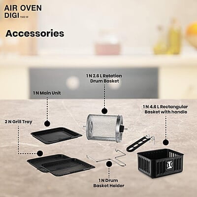 Havells Air Fryer Air Oven Digi 9 Pre-Set Menu 1500 Watt 2 Grill Rack