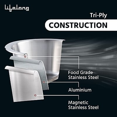 Lifelong LLTPDK004 Triply Deep Kadai with Riveted Handles with Stainless Steel Lid 2.1 litres Capacity 22 cm Lifelong LLTPDK004 Triply Deep Kadai with Riveted Handles with Stainless Steel Lid 2.1 litres Capacity 22 cm