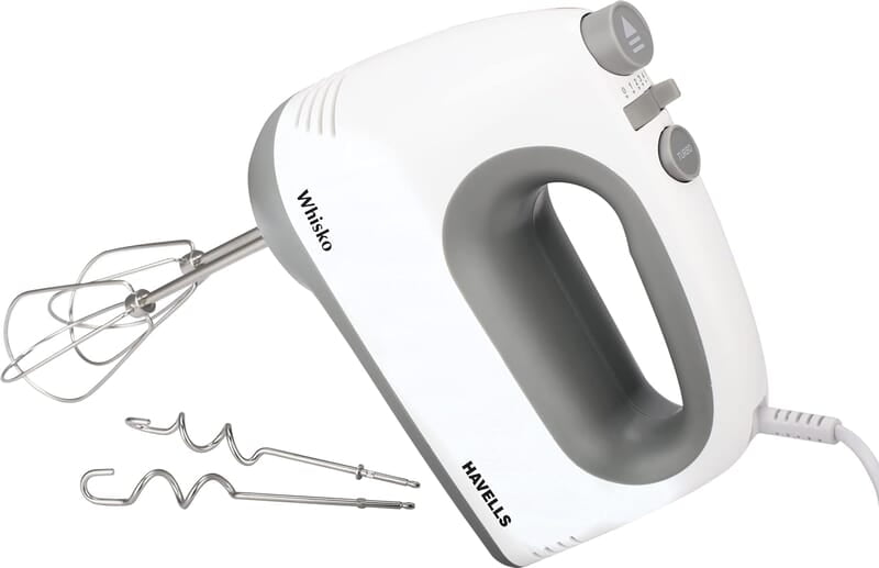 Havells Whisko 300 watt Hand Mixer with Single Eject Button, 5 Speed Turbo Function, Stainless Steel Hooks Havells Whisko 300 watt Hand Mixer with Single Eject Button, 5 Speed Turbo Function, Stainless Steel Hooks