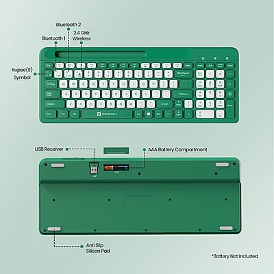 Portronics Bubble Square Wireless Keyboard with Bluetooth + 2.4 GHz USB Receiver Pair 3 Devices Max, Multimedia Hotkeys, for Laptop, PC, Smartphone, Tablet
