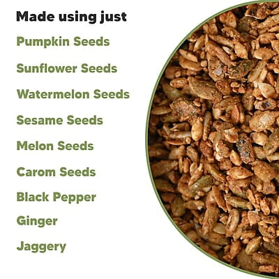 EAT BETTER CO - Five Seed Mix - Spiced Jaggery - Five Super Seeds - Roasted with Jaggery and Indian Spices - Pumkin, Sunflower, Melon, Watermelon, Sesame seeds. Seeds for eating 200gm value pack EAT BETTER CO - Five Seed Mix - Spiced Jaggery - Five Super Seeds - Roasted with Jaggery and Indian Spices - Pumkin, Sunflower, Melon, Watermelon, Sesame seeds. Seeds for eating 200gm value pack