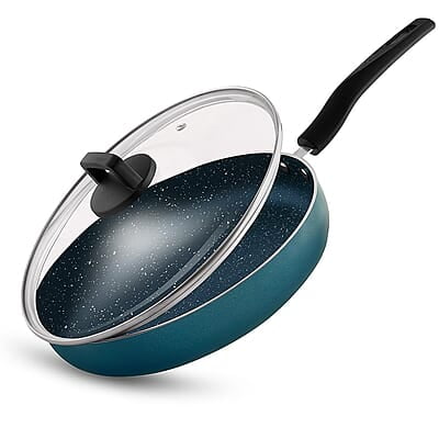 Borosil ProChef Non-Stick Deep Pan with Lid 22 cm | Gas Stove Compatible, Thick Uniform Body for Even Heating | PFOA Free, Blue Exterior, Stir Frying Pan for Eggs, Cutlets, 1 Year Warranty