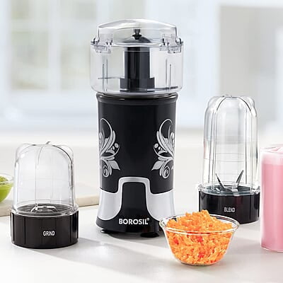Borosil NutriFresh NB03 Blender & Grinder, 500 ml Blending Jar, 300 ml Chutney Jar, For Blending, Grinding & Mincing, Dry Grinding Spices, Black, 400 W