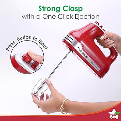 Wonderchef Crimson Edge 5 Speed Electric Hand Mixer 300W SS Whisk Beaters and Dough Hooks Wonderchef Crimson Edge 5 Speed Electric Hand Mixer 300W SS Whisk Beaters and Dough Hooks
