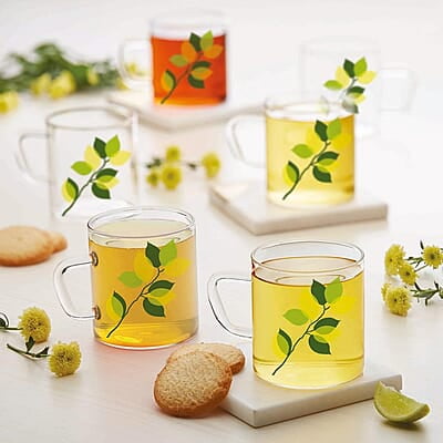 Borosil Vision Green Leaves Tea n Coffee Classic Mug Set of 6 Pcs 190 ml | Borosillicate Glass, Microwave Safe, Scratch Resistance, Lightweight | for Chai, Green Tea, Milk | Transparent