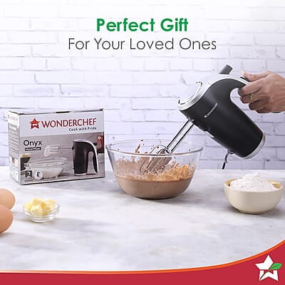 Wonderchef Onyx 5 Speed Electric Hand Mixer 300W SS Whisk Beaters & Dough Hooks