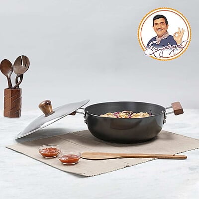 Wonderchef Ebony Aluminium Hard Anodized Deep Kadhai/Kadai with Lid - 24 cm, 3 Litre