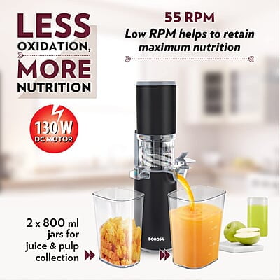 Borosil Easy Juice Cold Press Slow Juicer, Portable Slow Juicer, Compact Design, Less Oxidation, For Fresh Fruits & Vegetables, 130 W Borosil Easy Juice Cold Press Slow Juicer, Portable Slow Juicer, Compact Design, Less Oxidation, For Fresh Fruits & Vegetables, 130 W