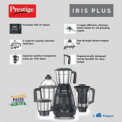 Prestige Iris Plus 750 W Mixer Grinder With 4 Jars (3 Stainless Steel Jars+ 1 Juicer Jar) 4 Super Efficient Stainless Blades