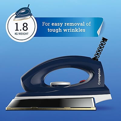 Crompton Greaves Rhino Plus 1250 Watt Blue Heavy weight Dry Iron with Golden American Heritage Coating Crompton Greaves Rhino Plus 1250 Watt Blue Heavy weight Dry Iron with Golden American Heritage Coating