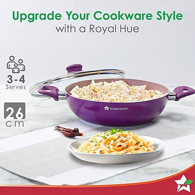 Wonderchef Royal Velvet Non-stick 26cm Kadhai with Lid and Handles 3 mm thick Wonderchef Royal Velvet Non-stick 26cm Kadhai with Lid and Handles 3 mm thick
