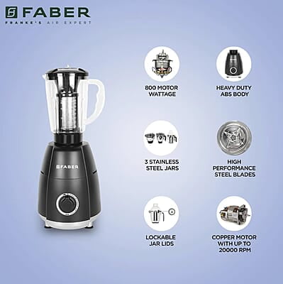 Faber Crown 800W Blender Mixer Grinder, 3 SS clip lock jars + 1 PC jar copper motor, up to 20000 rpm speed Faber Crown 800W Blender Mixer Grinder, 3 SS clip lock jars + 1 PC jar copper motor, up to 20000 rpm speed
